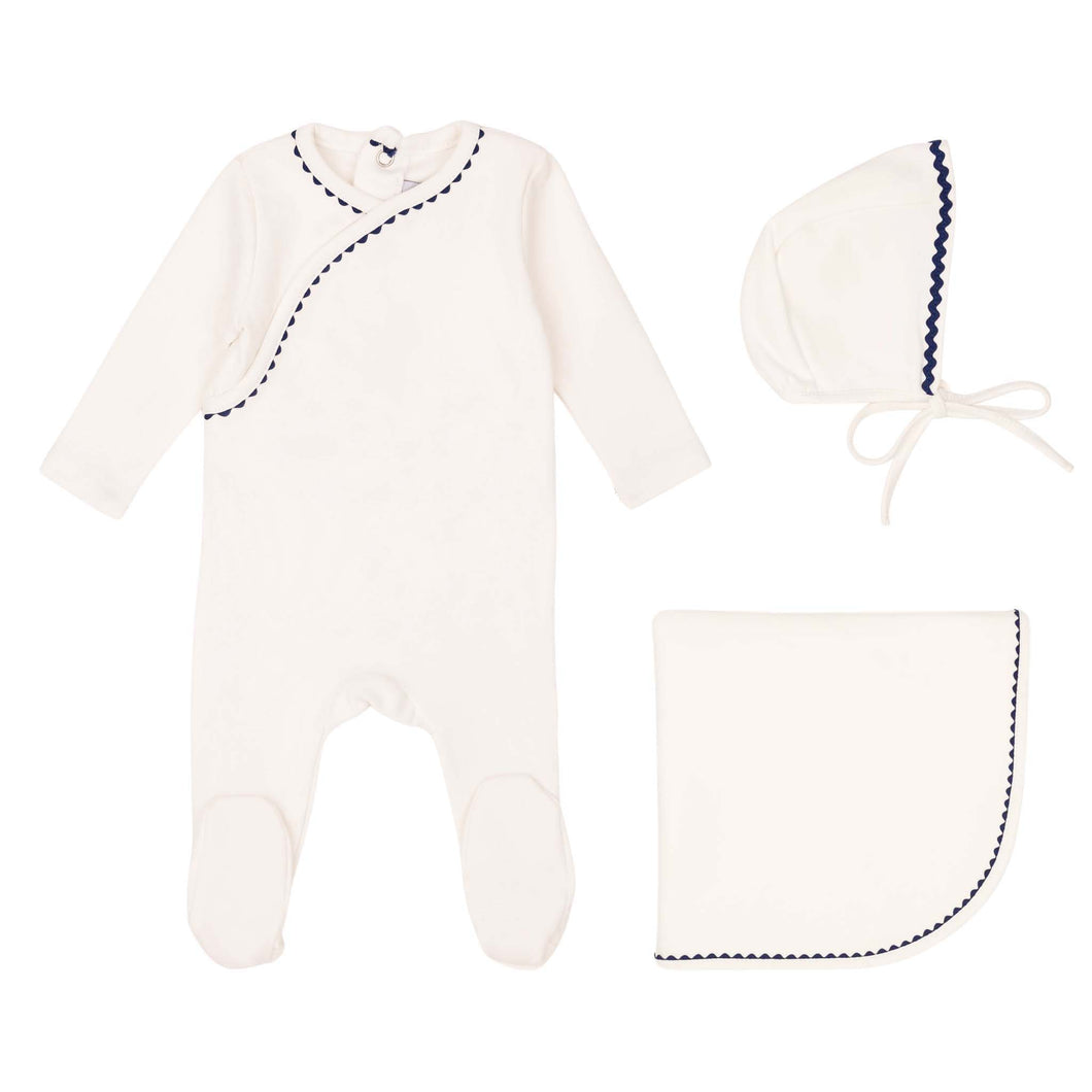 Classic ric rac layette set - White on blue
