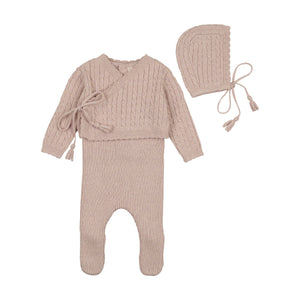 Soft cable knit outfit layette set - marled pink