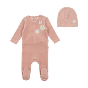 Stamp applique velour footie with beanie - Dusty pink
