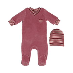Striped heart footie and hat set - Dark rose