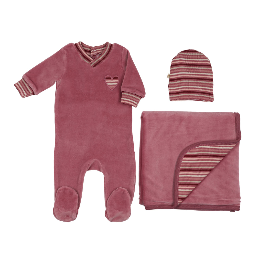 Striped heart layette set - Dark rose