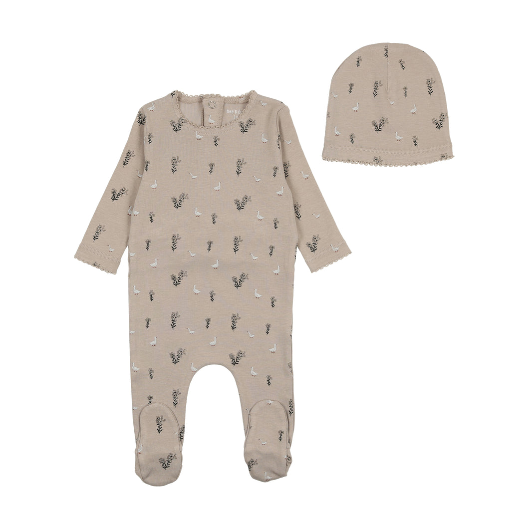 Swan print footie and beanie - French chateau