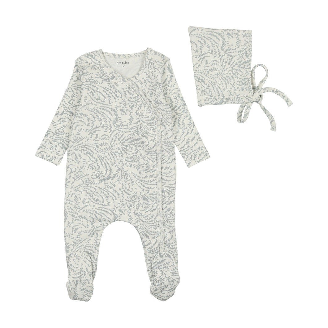 Swirly vines wrap footie and bonnet - Misty blue