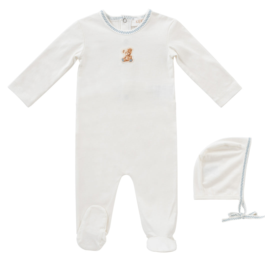 Teddy footie and bonnet - Blue