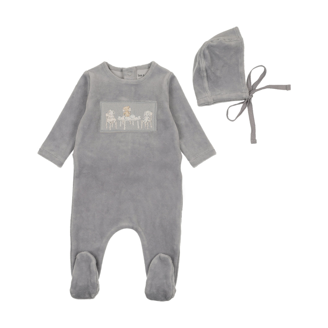 Tea time velour footie and beanie - Dusty blue