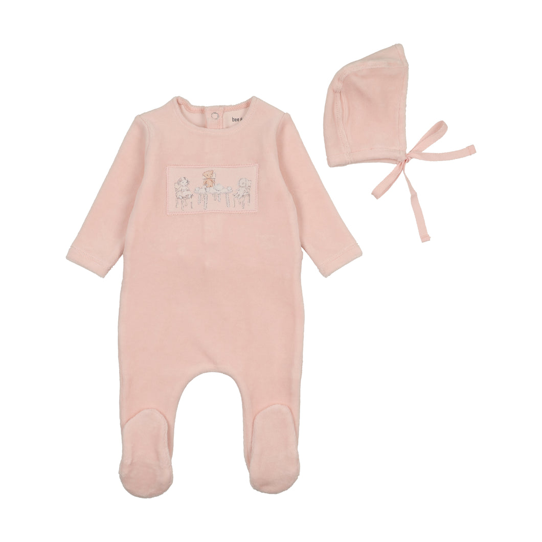 Tea time velour footie and beanie - Pale pink