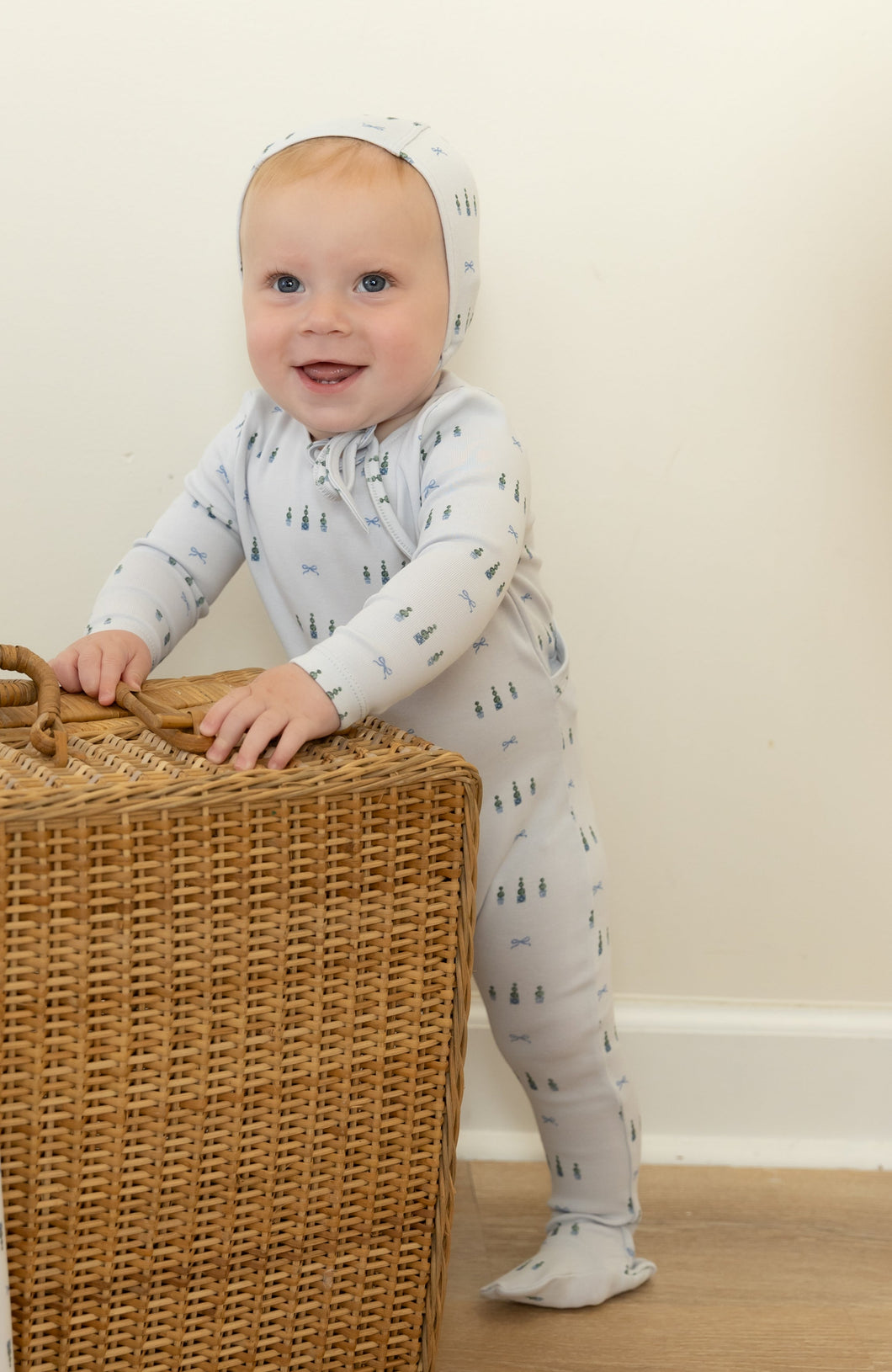 Topiaries and bows footie and bonnet  - blue cloud