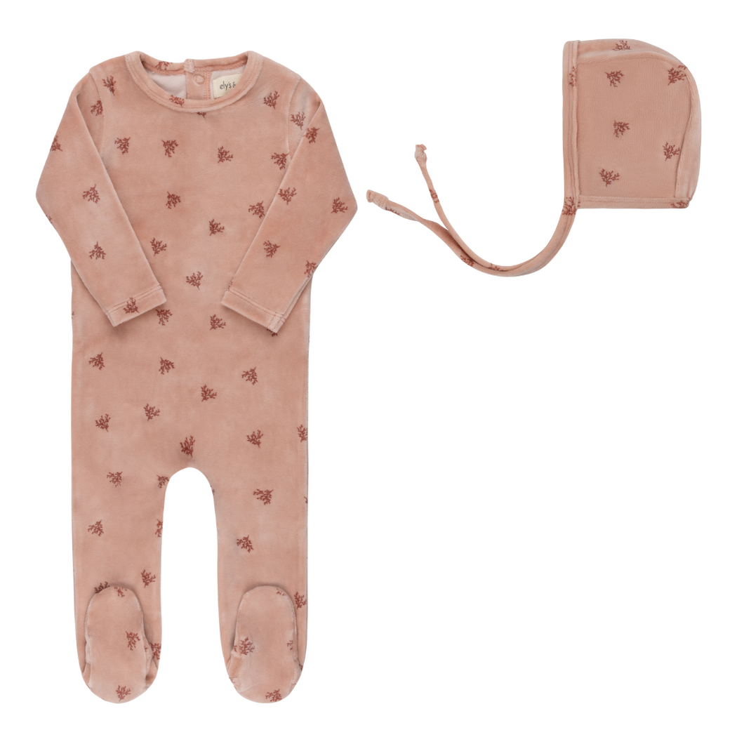 Velour leaf pattern collection  - Footie and bonnet - Pink