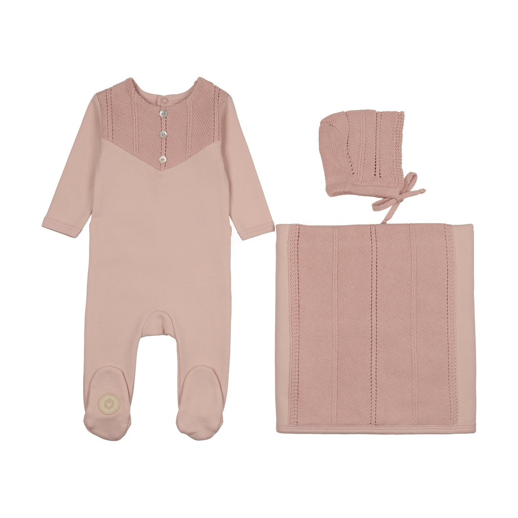 V-knit henley layette set - Barely pink