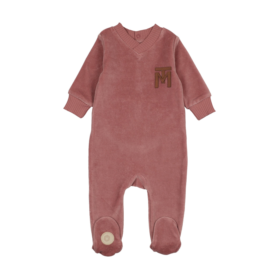 V-neck emblem footie - Dark rose