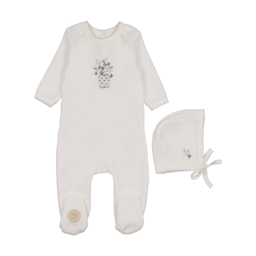 Vase and vine footie and hat - Ivory