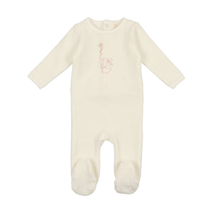 Velour bunny footie and cotton beanie with flower - white
