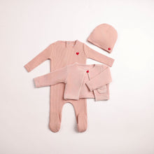 Load image into Gallery viewer, Velour cardigan ribbed footie and beanie - Caramel
