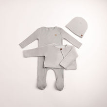 Load image into Gallery viewer, Velour cardigan ribbed footie and beanie - London fog
