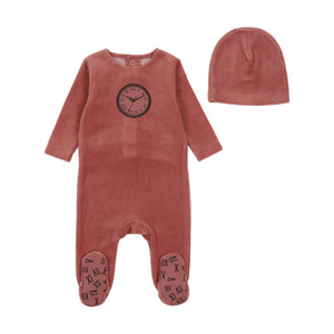 Bee & Dee Clock Velour Footie with Beanie - Rhubarb Bee & Dee Clock Velour Footie with Beanie - Rhubarb