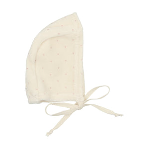 Velour button wrap footie and bonnet - cream/pink dot