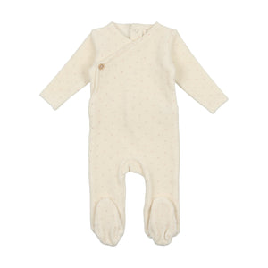 Velour button wrap footie and bonnet - cream/pink dot