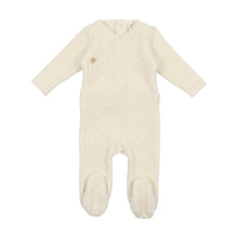 Load image into Gallery viewer, Velour button wrap footie and bonnet - cream/taupe dot

