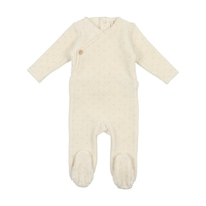 Velour button wrap footie and bonnet - cream/taupe dot