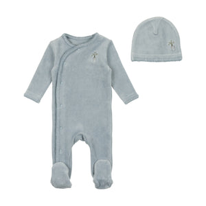 Velour embroidered edge footie and beanie - cloud blue