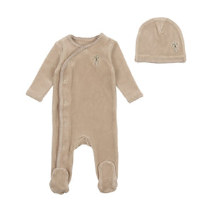 Velour embroidered edge footie and beanie - pure cashmere