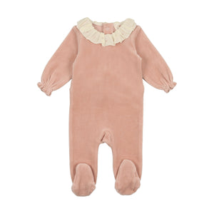 Velour ruffle footie and bonnet - Dusty pink