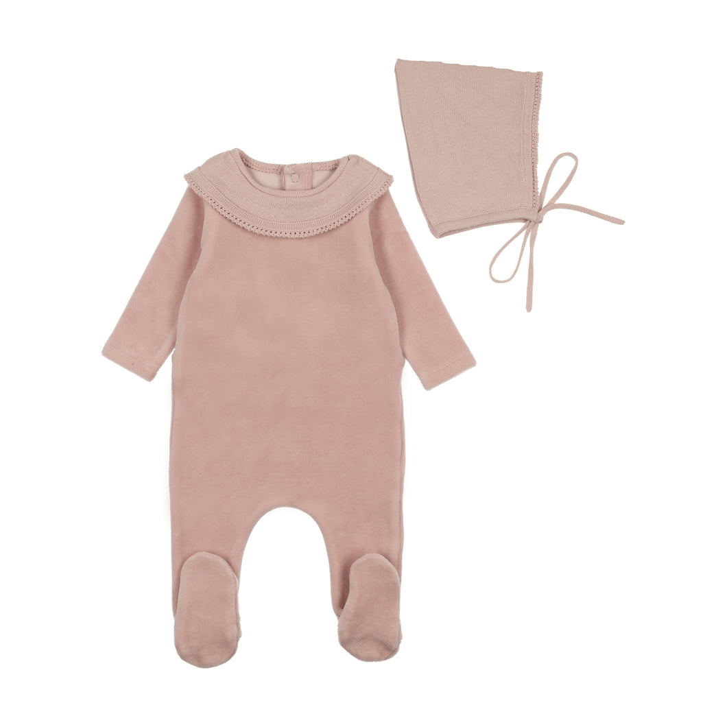 Vintage soft velour footie and bonnet - caramel