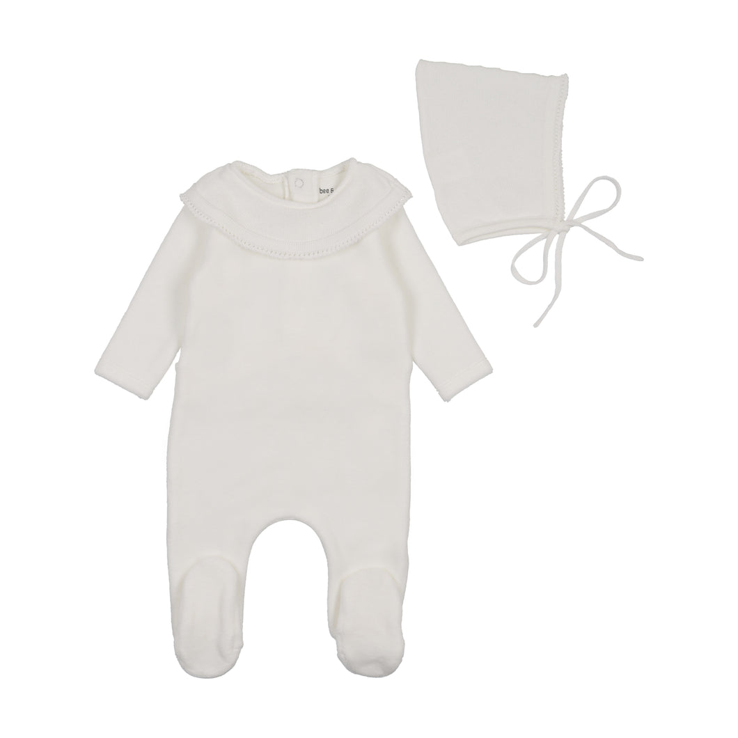 Vintage soft velour footie and bonnet - linen