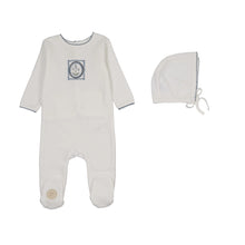 Load image into Gallery viewer, Vintage Stamp Boys Footie &amp; Hat Set - Ivory and blue
