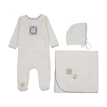 Load image into Gallery viewer, Vintage Stamp Boys Layette Set - Ivory and blue
