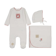 Load image into Gallery viewer, Vintage Stamp Girls Layette Set - Ivory and red
