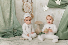 Load image into Gallery viewer, Wheelbarrow garden footie and hat set - Ivory and blue

