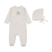 Load image into Gallery viewer, Wheelbarrow garden footie and hat set - Ivory and blue
