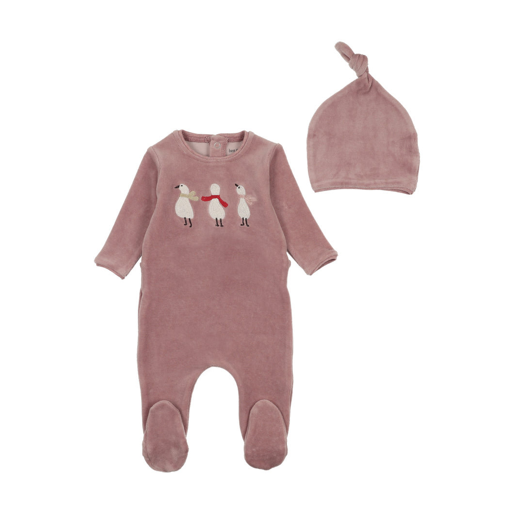 Winter geese footie and beanie - tea rose