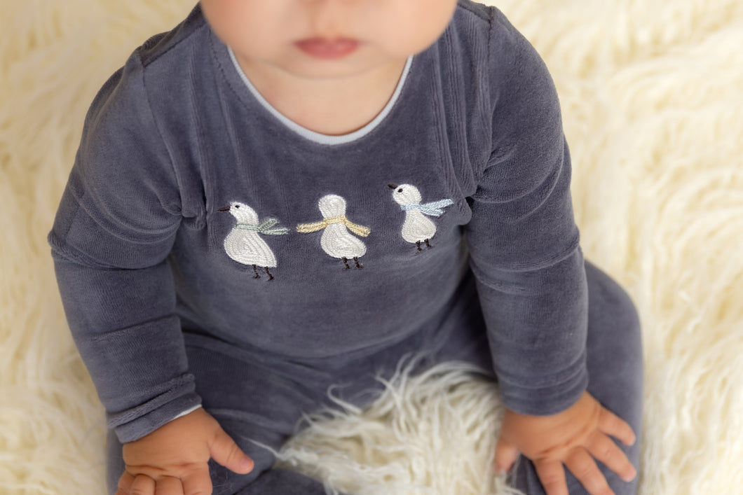 Winter geese footie and beanie - blue sea