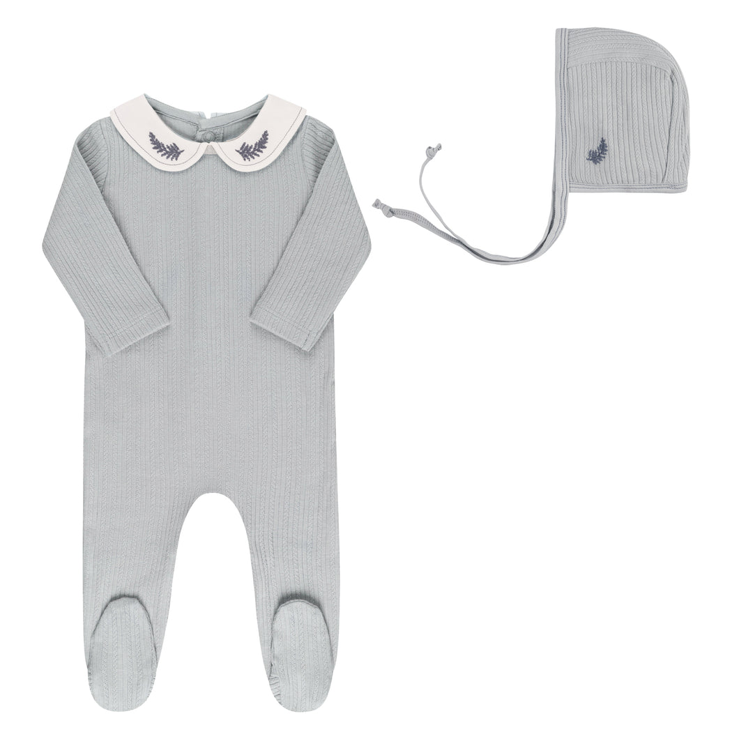 Organic embroidered collared collection footie and bonnet - blue leaf
