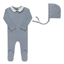 Load image into Gallery viewer, Wave collection - tulip collar footie and bonnet - blue pin dot
