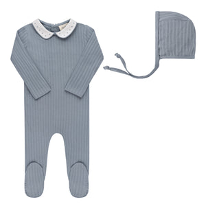 Wave collection - tulip collar footie and bonnet - blue pin dot