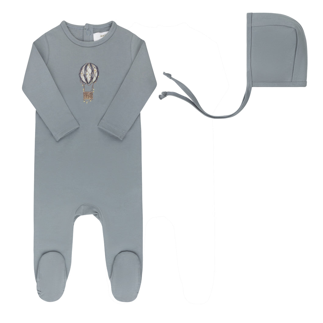 French terry hot air balloon collection footie and bonnet - Blue