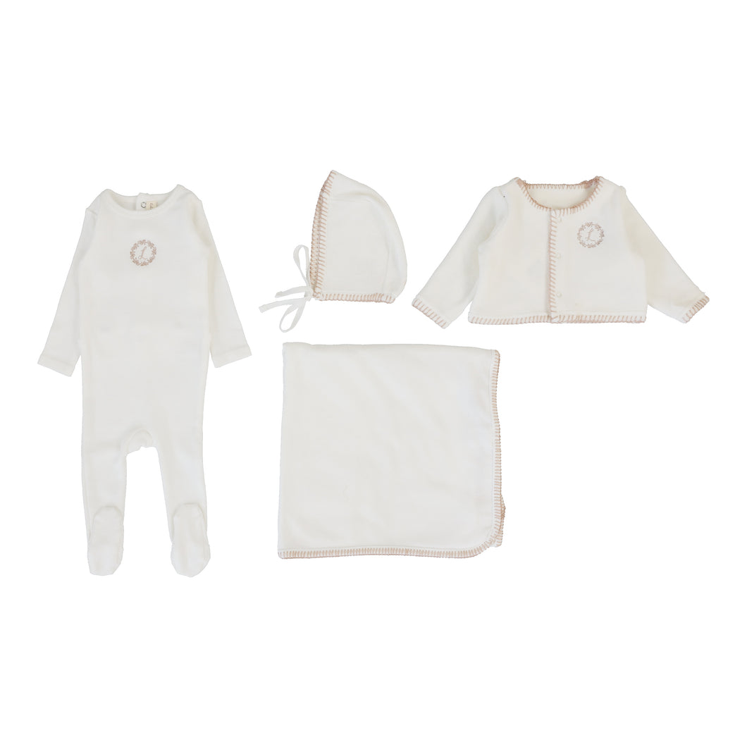 Velour cardi layette set - cream/pink