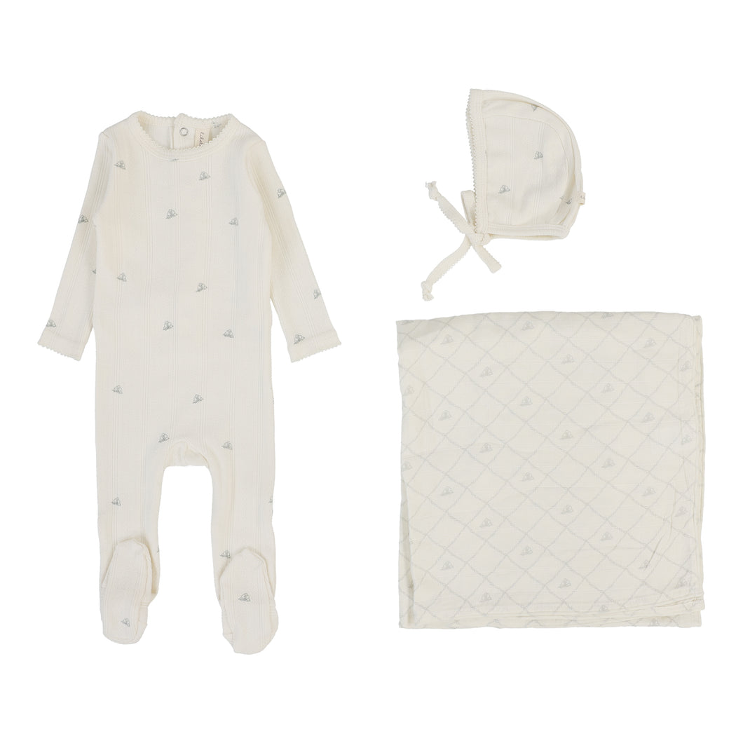 Printed pointelle layette set - cream/blue crown