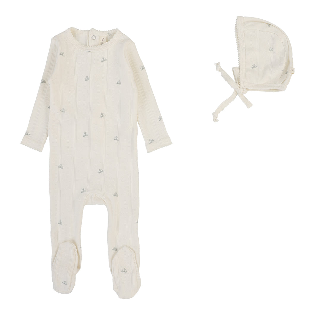 Printed pointelle footie set - Cream/blue crown