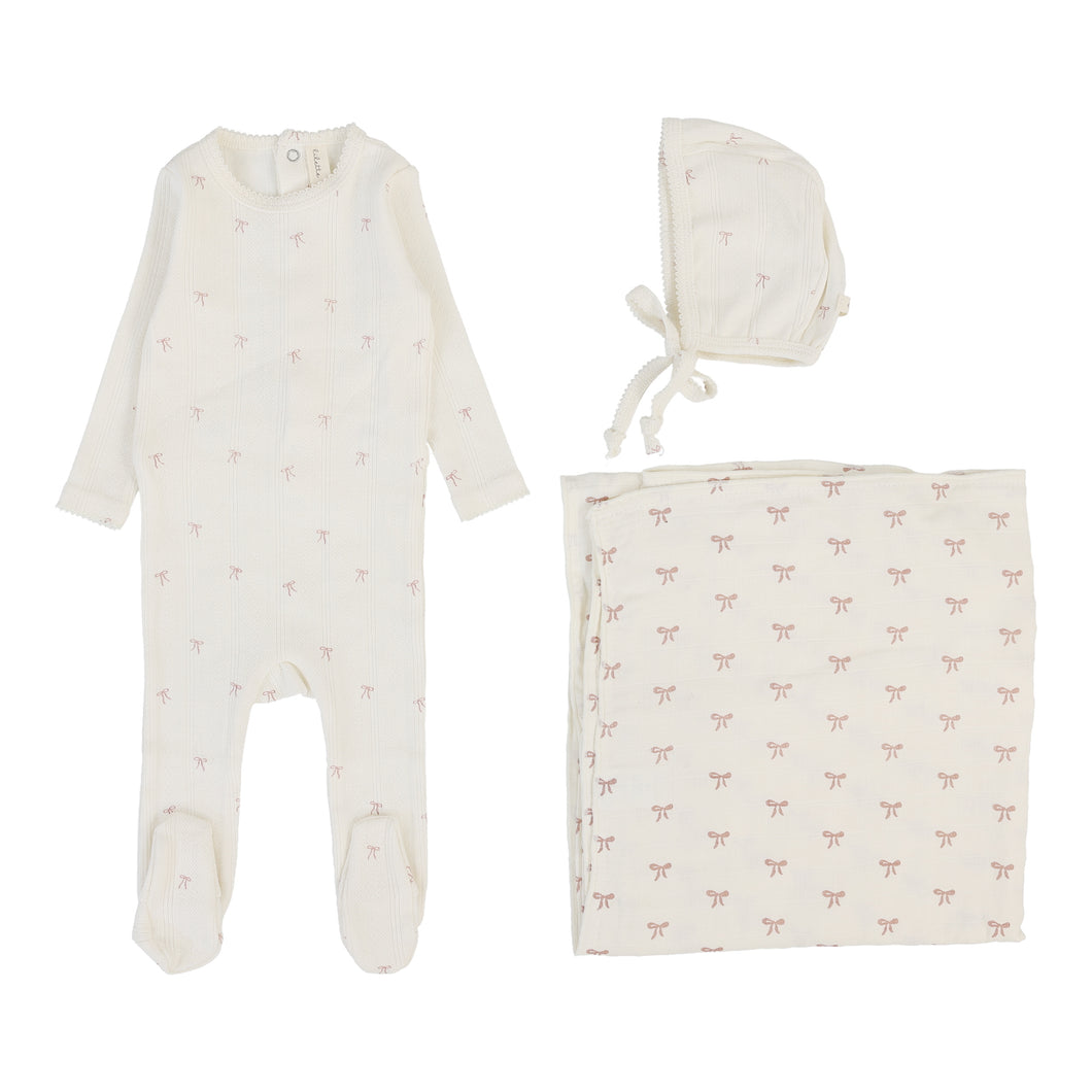 Printed pointelle layette set - cream/pink bow