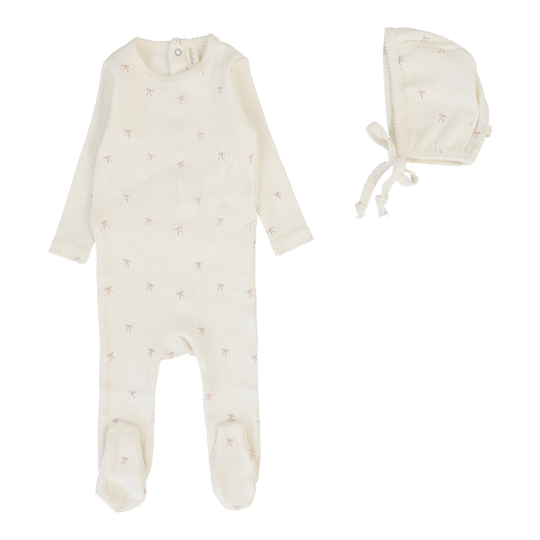 Printed pointelle footie set - Cream/pink bow