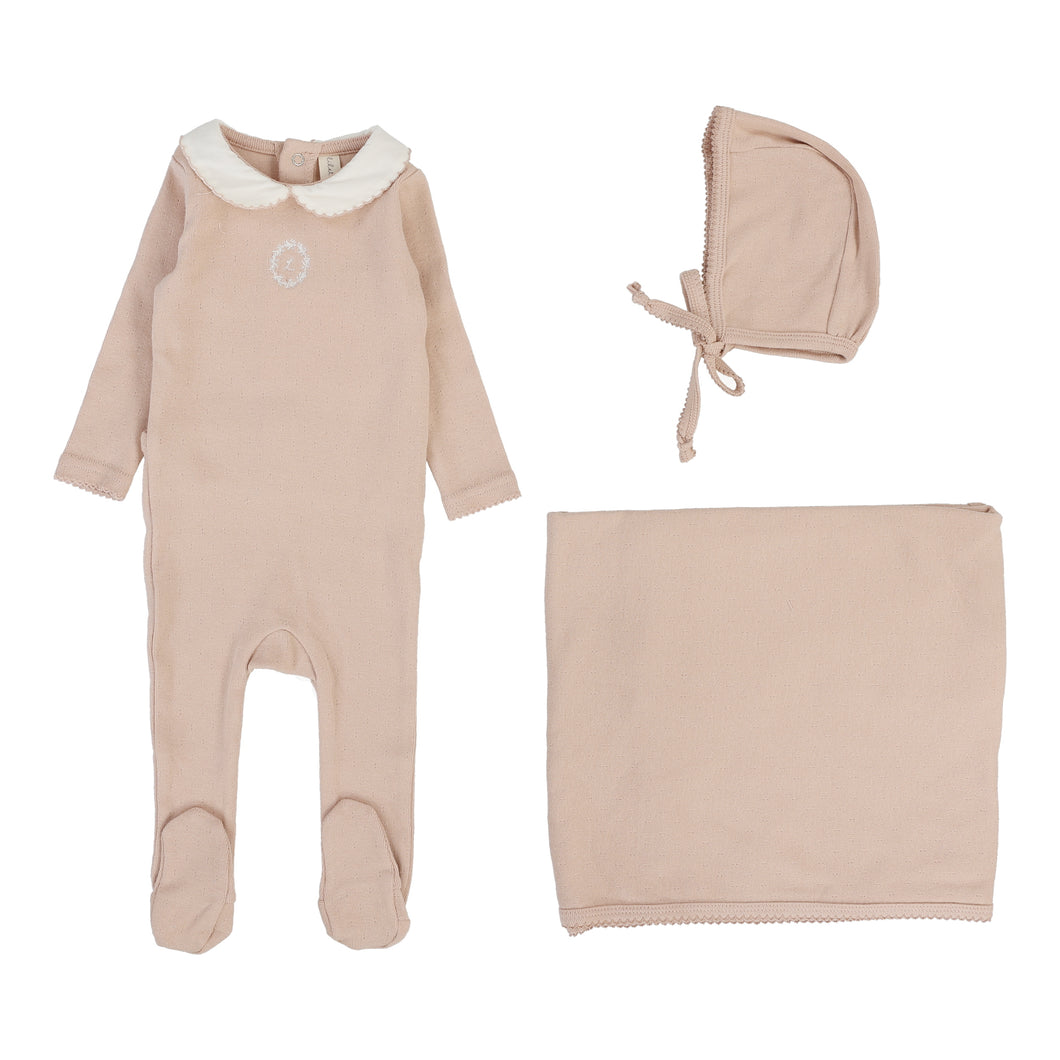 Emblem embroidered layette set - Dusty pink