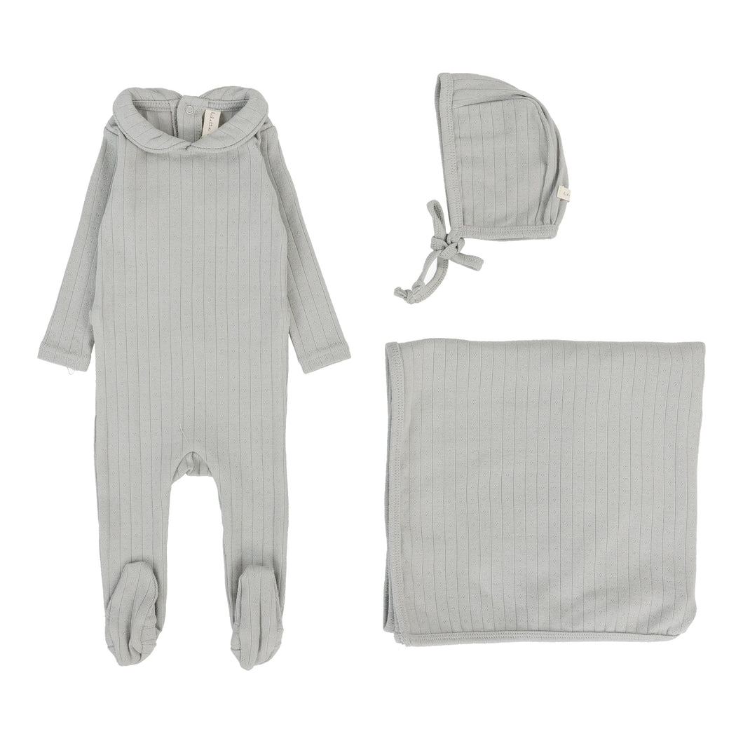 Fine pointelle collar layette set - Light blue peter pan