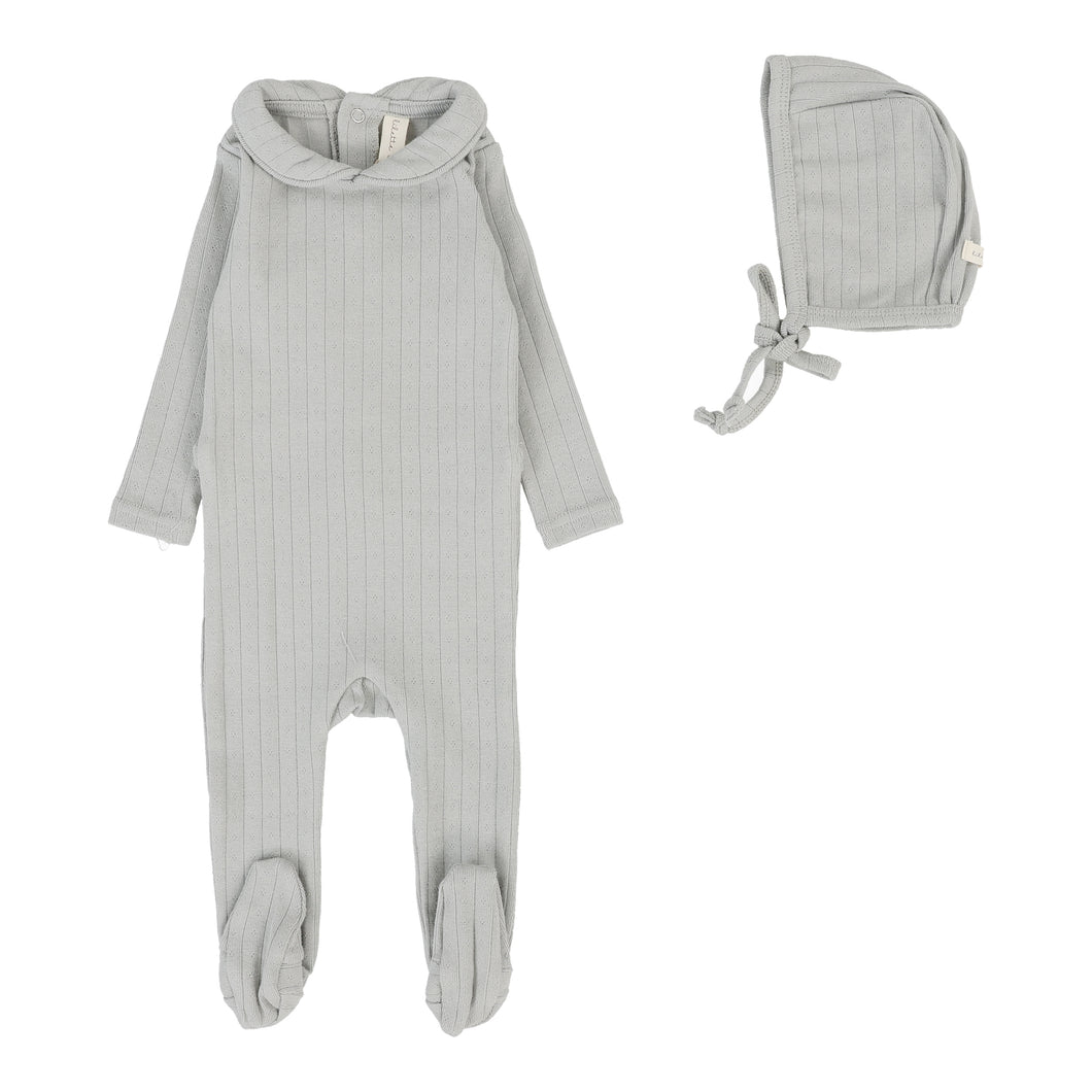 Fine pointelle collar footie set - Light blue peter pan