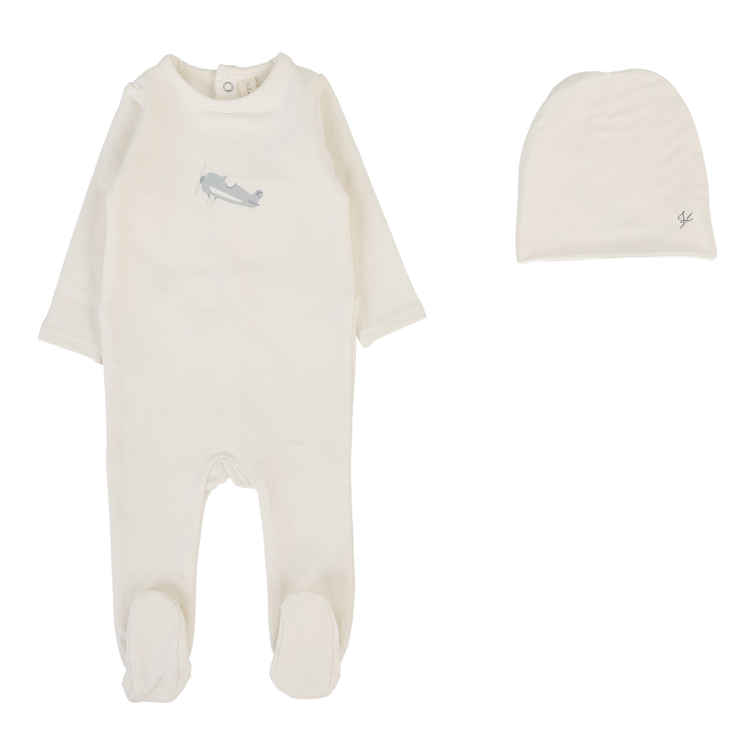 Graphic footie set - cream/airplane