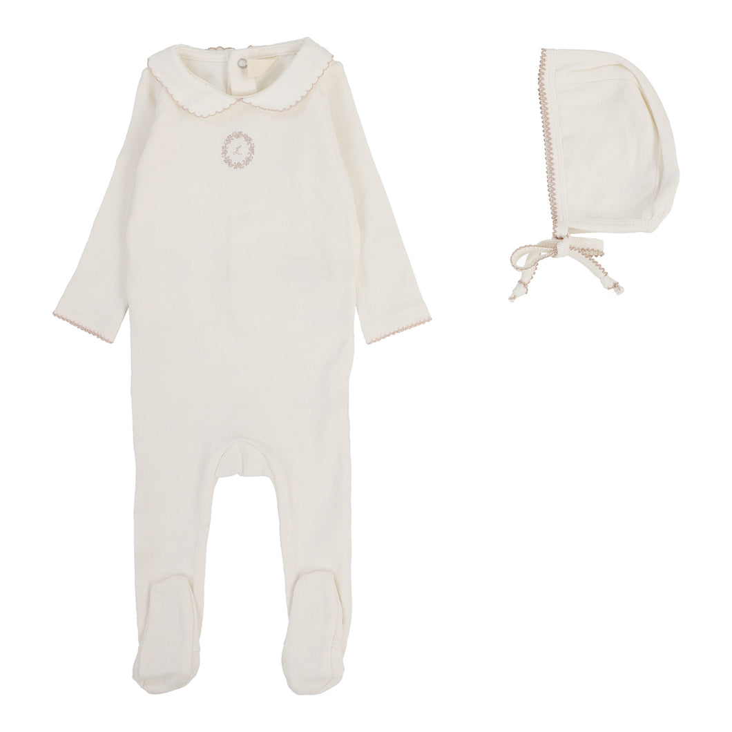 Emblem embroidered footie set  - Cream/pink