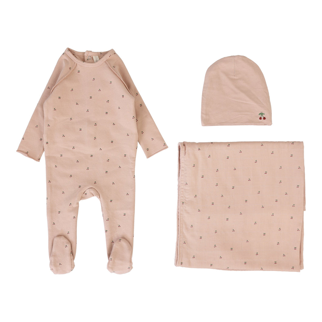 Cherry print layette set - Dusty pink